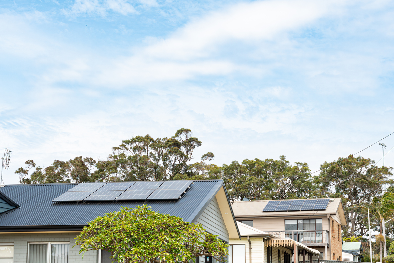 Rooftop Solar Panels On Two Houses In A Leafy Suburb With Trees And Shrubs With A Clear View Of The Sky