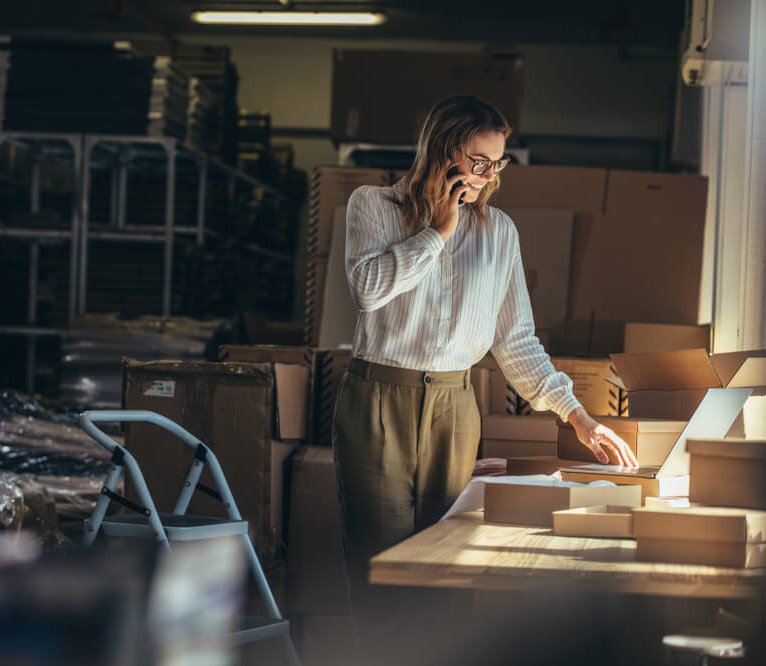 Business Woman Using Mobile Phone and Laptop