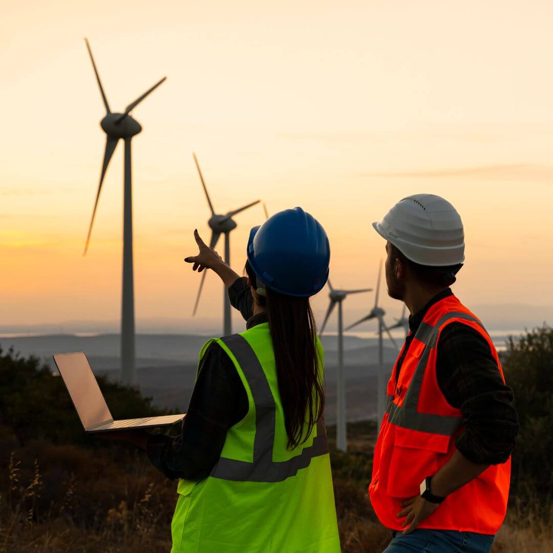 Two engineers in hardhats at sunset with wind turbines in the background